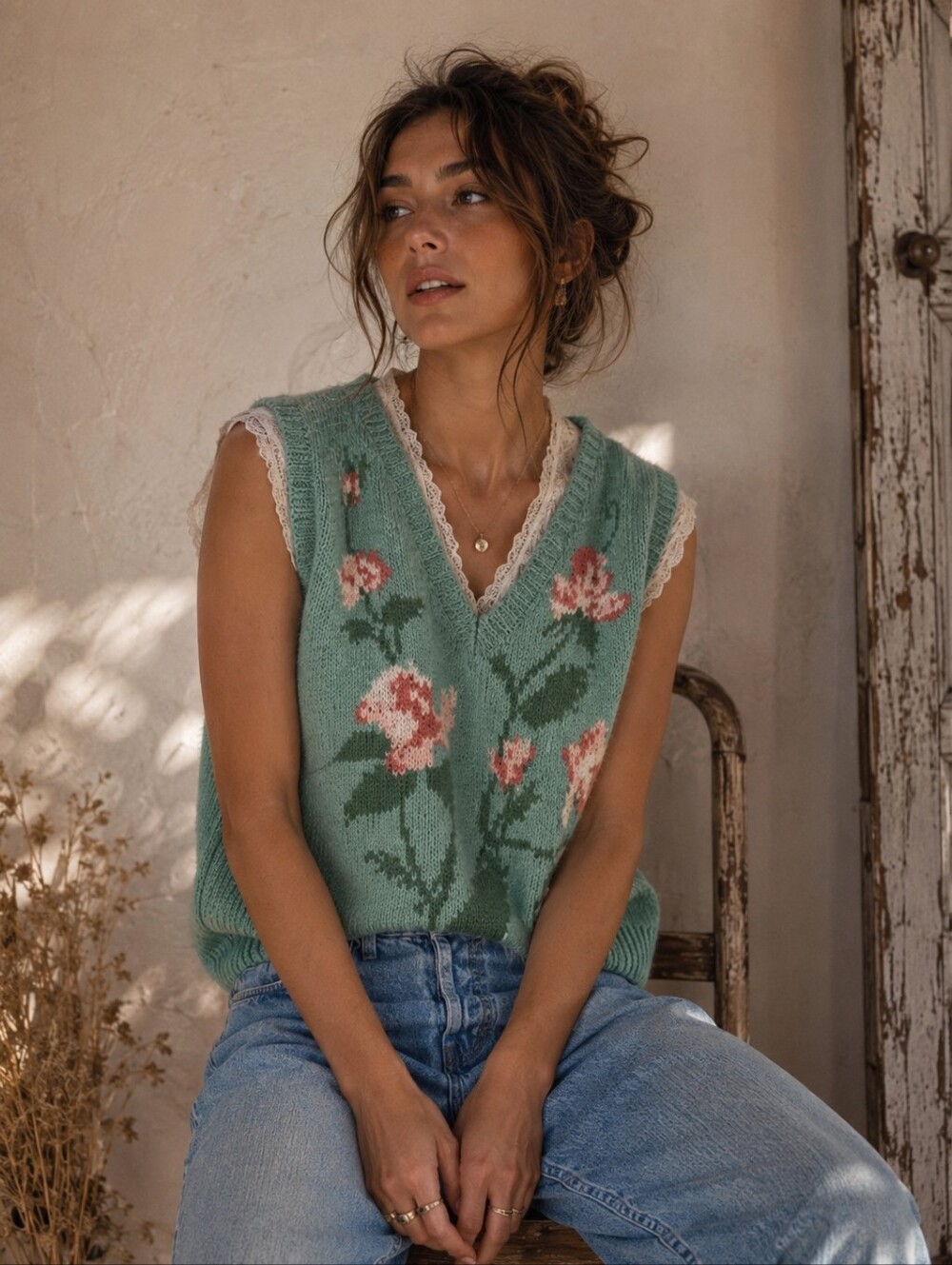 Vintage Deans Of Scotland Mint Green Floral Knit Sweater Vest